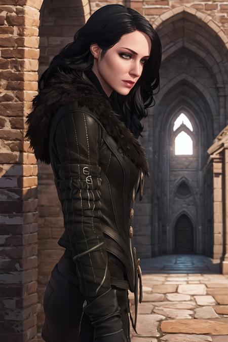 4291412472-364170831-yennefer, from side, upper body, black jacket, fur-trimmed coat, standing, sunlight, castle courtyard, best quality,.png